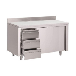 Stainless Steel Cabinet Table with Backsplash 3 Drawers on the Right and Sliding Doors - L 1200 x P 700mm - Gastro M