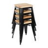 Black Steel Low Bistro Stools with Wooden Seat - Set of 4 - Bolero