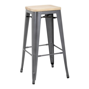 High Steel Gray Bistro Stool with Wooden Seat - Set of 4 - Bolero