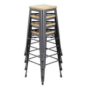 High Steel Gray Bistro Stool with Wooden Seat - Set of 4 - Bolero