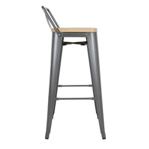 High Stools with Backrest and Wooden Seat - Metallic Grey - Set of 4 - Bolero