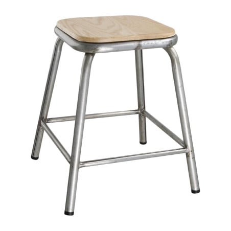 Low Galvanized Steel Stool with Wooden Seat Cantina - Set of 4 - Bolero