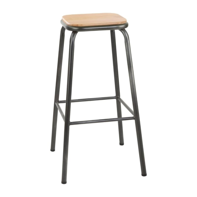 High Metal Grey Stool with Wooden Seat - Set of 4 - Bolero