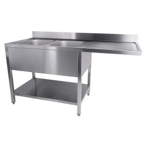 Sink 2 Basins and Passage for Dishwasher on the Right with Backsplash and Removable Shelf - L 1600 x P 700 mm - CombiSteel