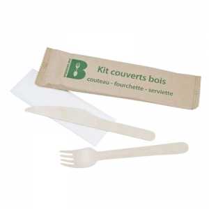 Couverts en Bouleau - Kit 3 Pièces : Couteau, Fourchette et Serviette - Lot de 250