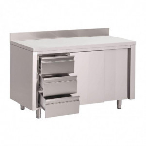 Stainless Steel Cabinet Table with Backsplash 3 Drawers on the Right and Sliding Doors - L 1200 x P 700mm - Gastro M