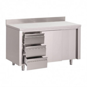 Stainless Steel Cabinet Table With Backsplash 3 Drawers On The Left And Sliding Doors - W 1400 x D 700 mm - Gastro M