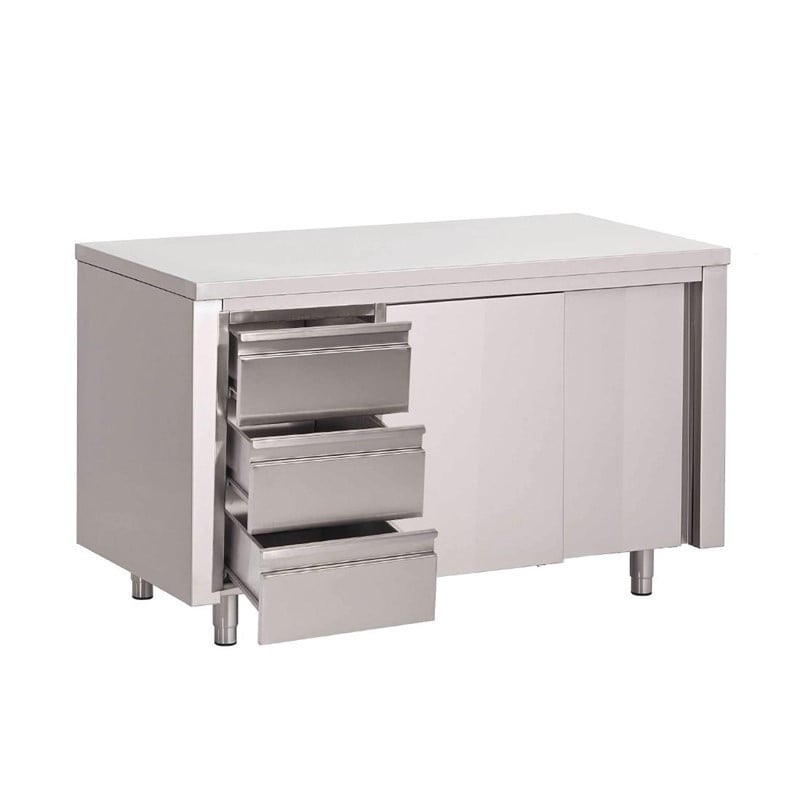 Meuble en Inox Avec Portes Coulissantes Et 3 Tiroirs À Gauche-L 2000 x P 700mm - Gastro M