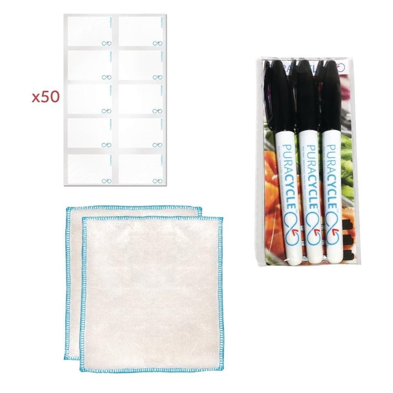 Lot of 50 Reusable Blank Labels, 3 Markers, and 2 Cloths - FourniResto