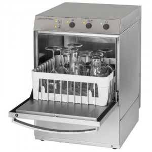 Επαγγελματική μηχανή πλυντηρίου ποτηριών με δοσομετρητή υγρού ξεβγάλματος και απορρυπαντικού και αντλία αδειάσματος - 35 x 35 εκ