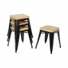 Tabourets Bistro Bas en Acier Noir avec Assise en Bois - Lot de 4 - Bolero