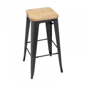 High Steel Gray Bistro Stool with Wooden Seat - Set of 4 - Bolero