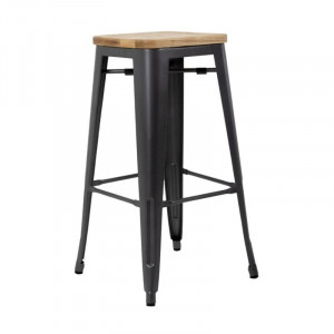 High Steel Gray Bistro Stool with Wooden Seat - Set of 4 - Bolero