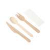 4-Piece Set - Dynasteel Wooden Cutlery: Knife, Fork, Large Spoon, Napkin - Pack of 500